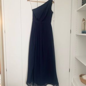 One shoulder long navy blue dress